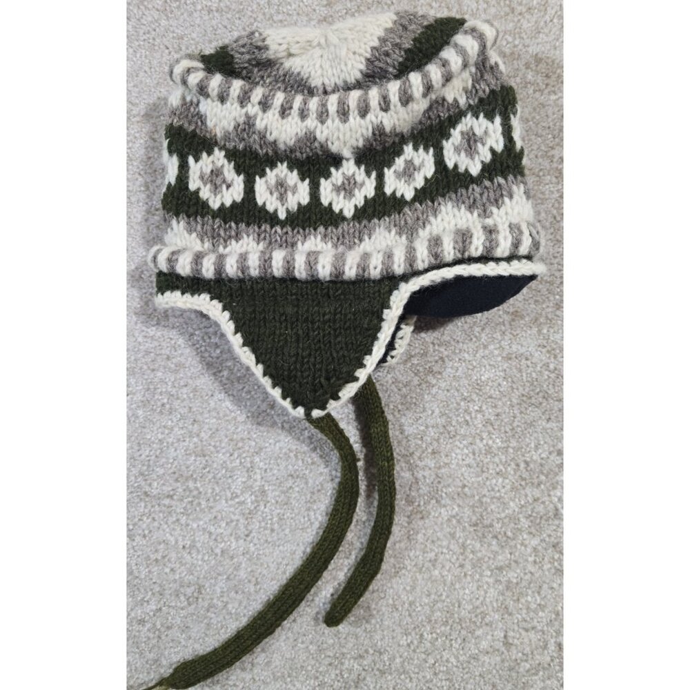 Hand Knit Nepal Kathmandu Wool Hat Chullo Ear Flaps Fleece Lined Fair Isle OS